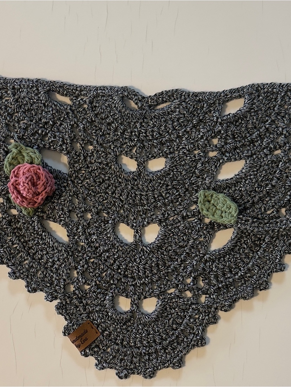 Gray Crochet Triangle Hair Scarf with Pink Rose and Green Leaf Accents